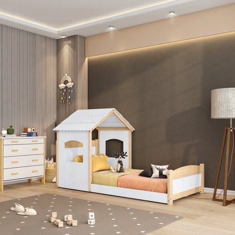Cama Montessoriana Solteiro e Telhado Casinha Casatema MadeiraOriginals