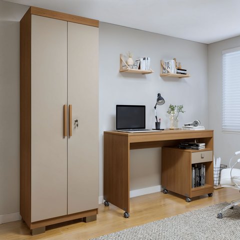 Conjunto Escrivaninha 1 Gaveta com Rodízios Giga e Armário Multiuso 2 Portas com Chave Asteca