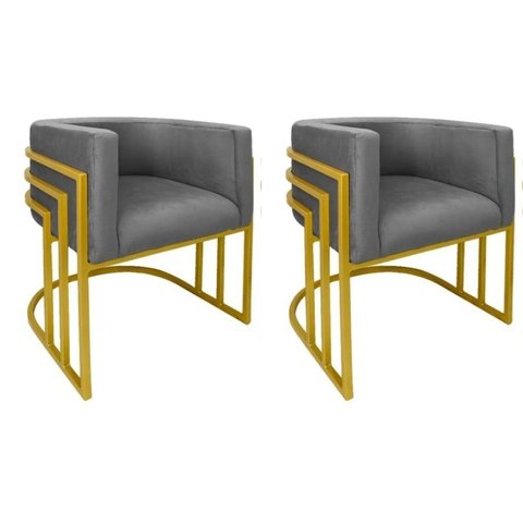 Kit 02 Cadeiras Poltrona Luxo Base de Metal Tripla Dourado Sala de Jantar Cozinha Recepção Veludo Gr