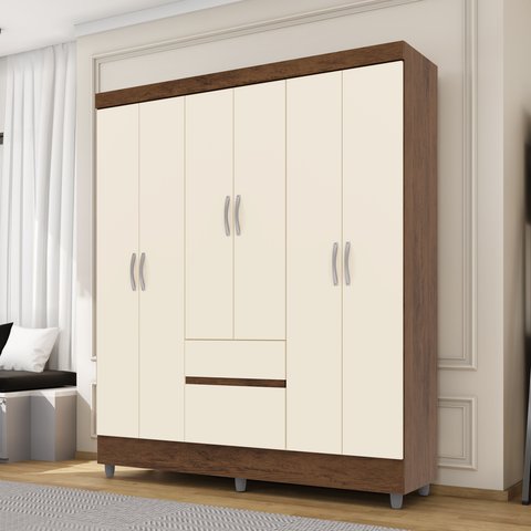 Guarda-Roupa Casal 6 Portas 2 Gavetas Panama Bege/Imbuia/Champanhe