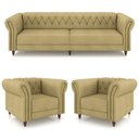 Ver imagem 6 de Conjunto 1 Sofá Living 240cm e 2 Poltronas Stanford Chesterfield Pés Madeira Couro Bege G58 Gran