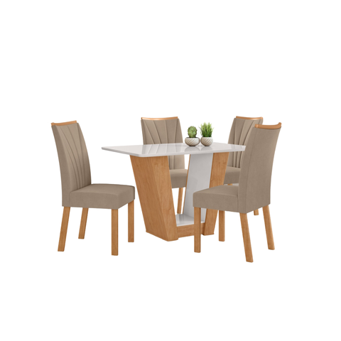 Conjunto Sala de Jantar Mesa Apogeu 120 Tampo Vidro Off White com 4 Cadeiras Apogeu - Lopas Amendoa 