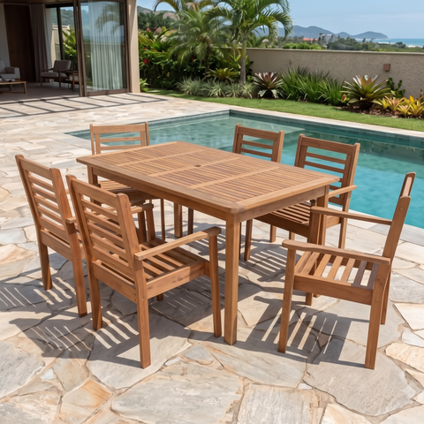 Conjunto Mesa Retangular e 6 Cadeiras Empilháveis Madeira Maciça Marrom