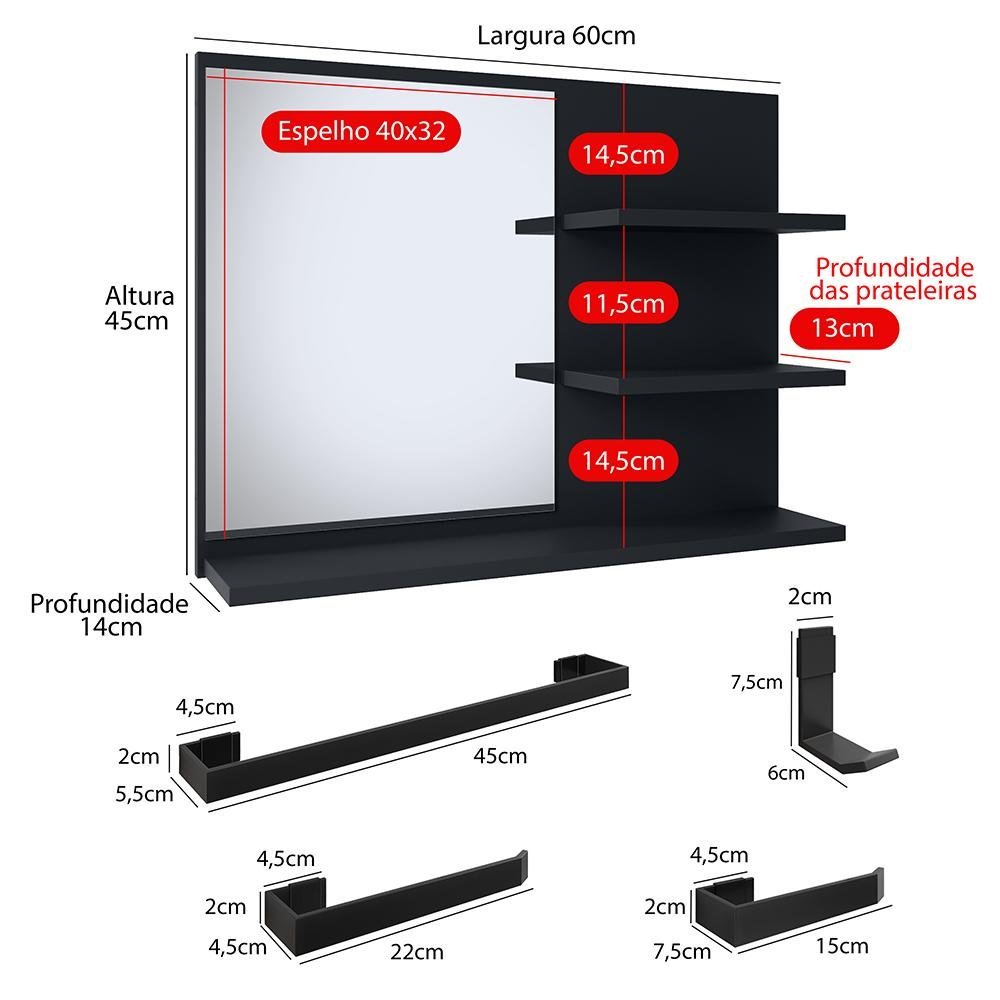Espelheira Suspensa Prateleiras Organizadoras Espelho e Kit Banheiro 4 Peças Lavabo - Preto - 4