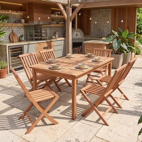 Conjunto Mesa 6 Lugares com Cadeiras Dobráveis de Madeira Maciça para Jardim e Varanda Marr
