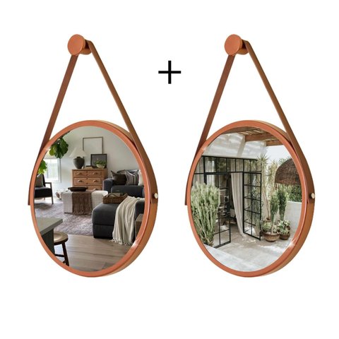 Kit 2 Espelhos Redondo Decorativo Suspenso Alça 60cm + Suporte Cobre Alça Caramelo