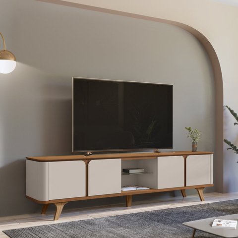 Rack para TV até 60 Polegadas 217cm Cantos Curvos e Pés Madeira Maciça Roma