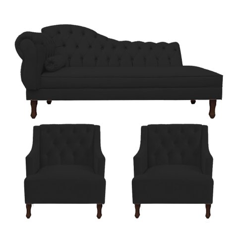 Kit Divã Cancun 160 Cm Braço Direito + 2 Poltronas Genesis Preto