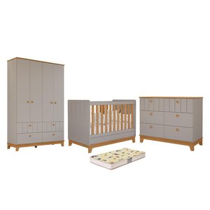 Dormitório Biscoito Guarda Roupa, Cômoda e Berço Fendi/nature com Colchão Supreme - Permóbili