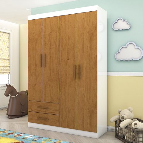Guarda-Roupa 4 Portas 2 Gavetas Infantil Perola Marrom/Branco/Cinamomo