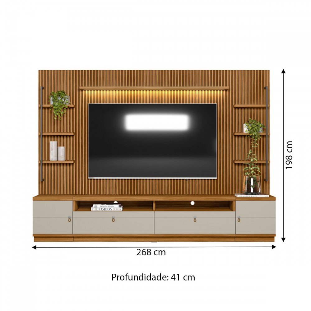 Estante para Tv até 75 Polegadas Ouro Preto 2 Portas com Led 268 Cm Nature/off White - Linea Brasil - 3