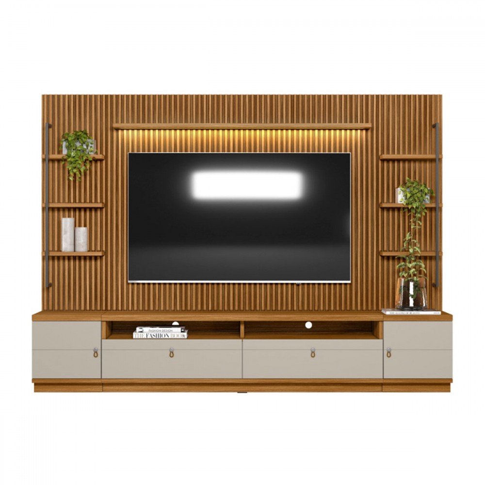 Estante para Tv até 75 Polegadas Ouro Preto 2 Portas com Led 268 Cm Nature/off White - Linea Brasil - 2