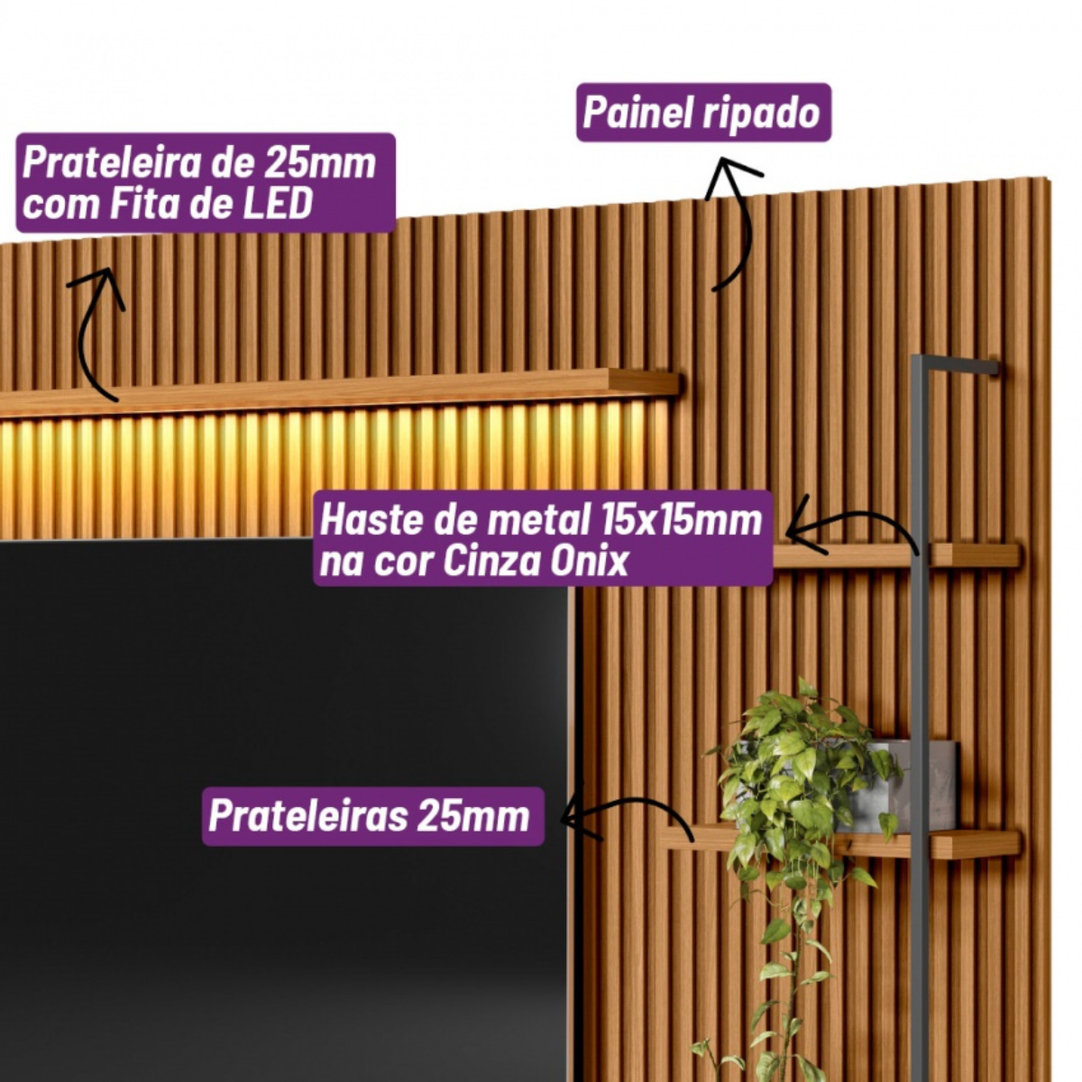 Estante para Tv até 75 Polegadas Ouro Preto 2 Portas com Led 268 Cm Nature/off White - Linea Brasil - 4