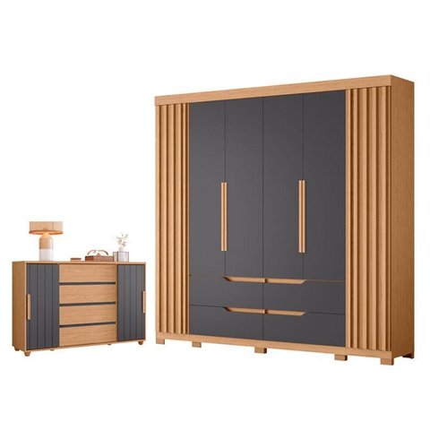 Guarda Roupa Casal Doble 06 Portas e Cômoda Evidenza 02 Portas Deslizantes e 04 Gavetas Freijo Off