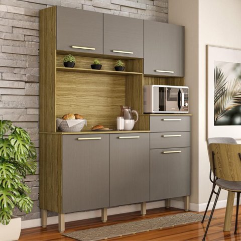 Armario de Cozinha Compacta 6 Portas 2 Gavetas Santiago - Freijó/gris