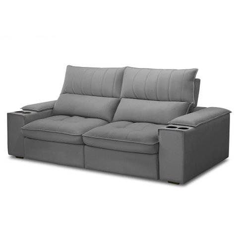 Sofá Retrátil 3 Lugares com Porta Copo 210cm Andes F05 Veludo Cinza - Mpozenato