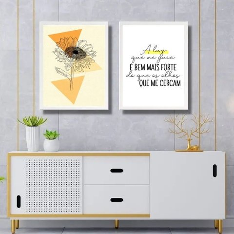 Kit 2 Quadros Decorativos Girassol - Luz 24x18cm - com Vidro:moldura Branca