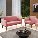 Ver imagem 2 de Conjunto Poltrona e Namoradeira Decorativa Isabella Pés Fixo em Madeira Castanho Suede Rose G19 - Gr