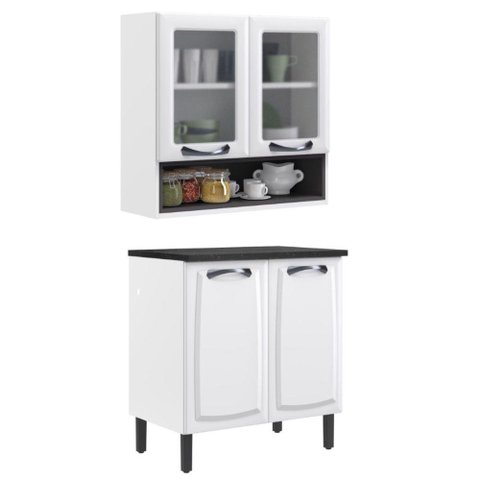 Conjunto Cozinha Modulada Itatiaia Balcão 2 Portas e Armário Aéreo Com Nicho Aço New Premium