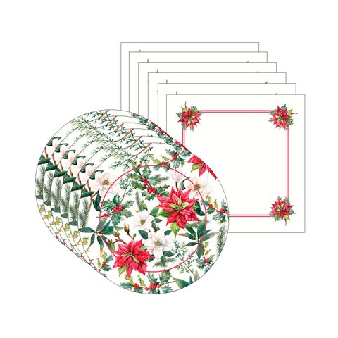 Kit Sousplat + Guardanapo Natal Flores - 6 Peças - sem Base