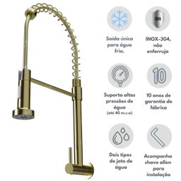 Torneira Gourmet Flexível Dourada Parede Cozinha Água Fria - 2