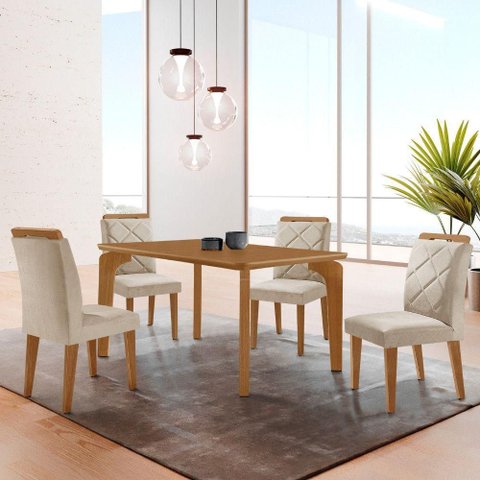 Mesa Liz 120 MDF com 4 Cadeiras Melissa Veludo Creme/Naturalle/Naturalle