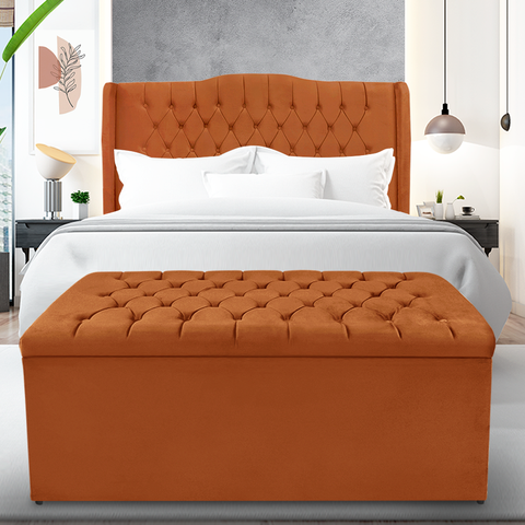 Kit Cabeceira e Calçadeira Baú Dubai Casal 140 Cm - Veludo Terra Cota