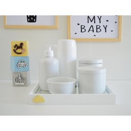 Kit Higiene Bandeja Mdf Espelhada Porcelana Bebê Térmica 250ml Nuvem Rosa. - 1