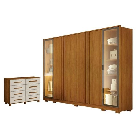 Guarda Roupa Casal Prime 6 Portas com Led Cinamomo com Cômoda San Marino 8 Gavetas Cinamomo Off-