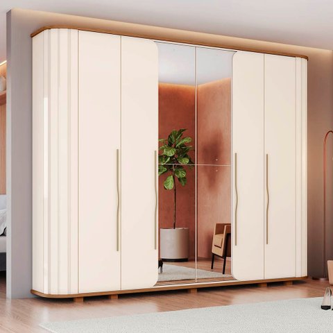 Guarda Roupa 270cm Casal Cantos Arredondados com Espelho 6 Portas Premium Henn