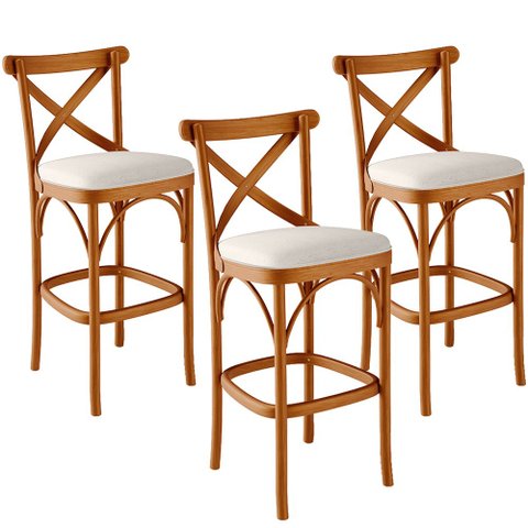 Kit 03 Banquetas Altas Cozinha Bancada Bar Sala de Jantar Estofada Ávila L02 Linho Cru - Lyam Lyam D