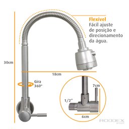Torneira Gourmet Flexível de Parede Cozinha Aço Inox Acetinado com Arejador Duplo Jato - 5