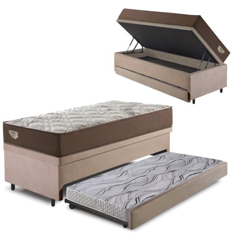 Bicama Box Baú Solteirão com Suede Bege 96x203 com Colchão Relax Adorabile Molas Ensacadas Ecoflex