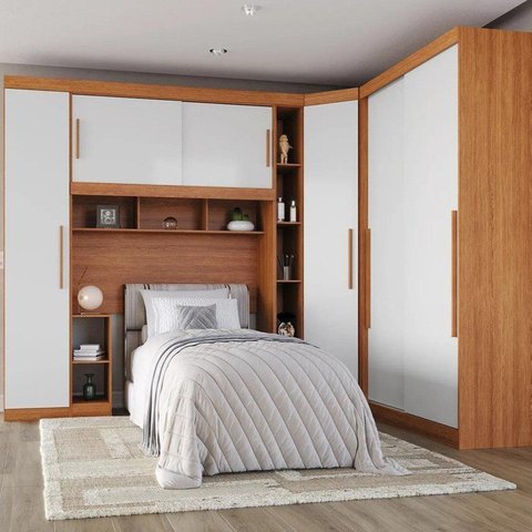 Guarda-Roupa Modular Solteiro 6 Portas 2 Gavetas com Porta de Correr Gênova Plus Freijó/Off White