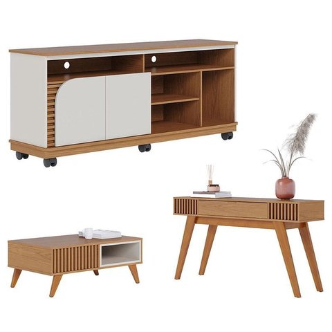 Rack Bancada Jurerê 1.5 com Mesa de Centro Jeri Freijó Off White Matte e Aparador Riviera Freijó – C