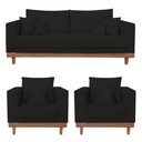 Ver imagem 3 de Kit 2 Poltronas Living + Sofá 3 Lugares Base Madeira Suede Preto