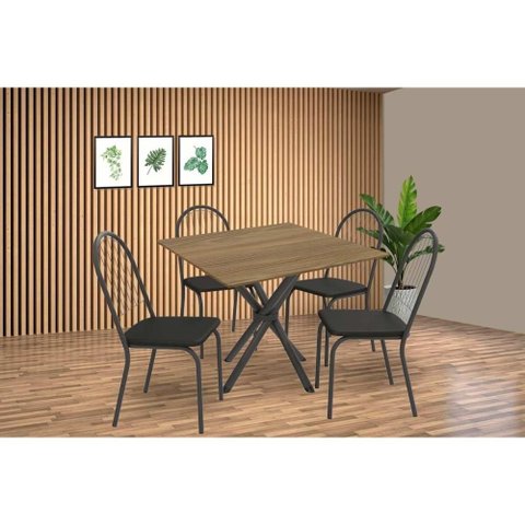 Sala de Jantar Completa Volga C/ Tampo de Madeira 90cm e 4 Cadeiras Noruega Preto/nogueira - Preto