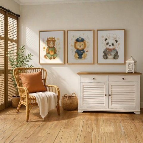 Kit 3 Quadros Decorativos Infantil | Quarto - Safari Das Profissoes NO2 - 30x40 - Moldura Madeira