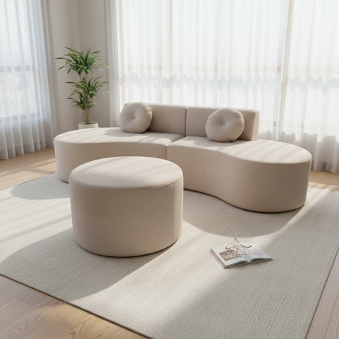 Sofá Modular Orgânico Monterrey 260cm + Puff Bouclé Bege