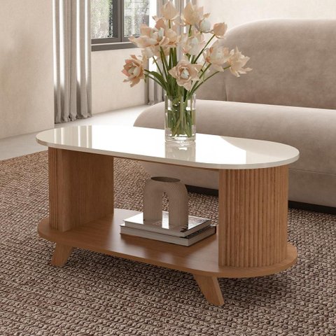 Mesa de Centro para Sala de Estar Orgânica Ripada Bach A05 Cinamomo Off White - Lyam Decor