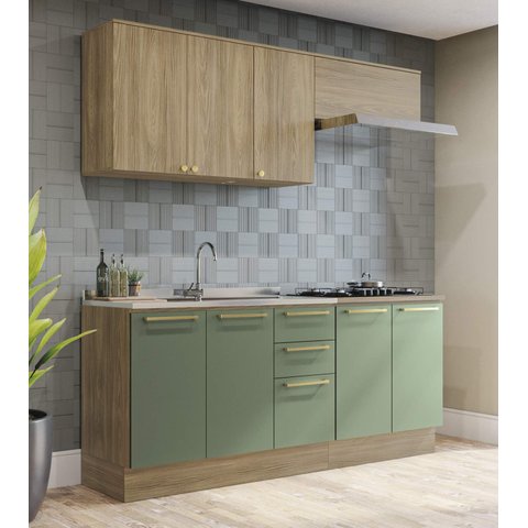 Armário de Cozinha Modulada Completa Reta 5 Peças 2,00m Botanic Kappesberg - Nogueira/Verde Oliva