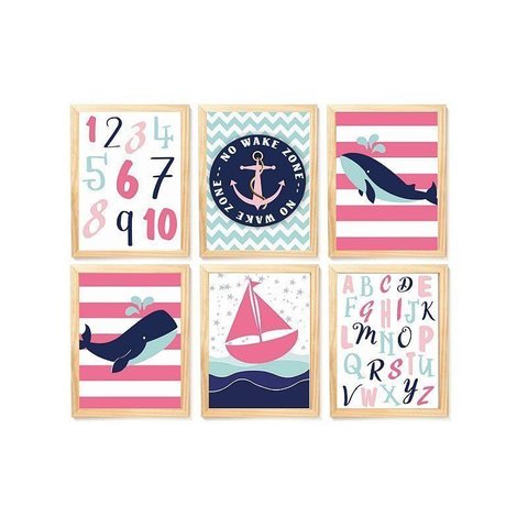 Kit Quadro Nautica Rosa Decorativo Quarto Menina Criança Enxoval Bebê
