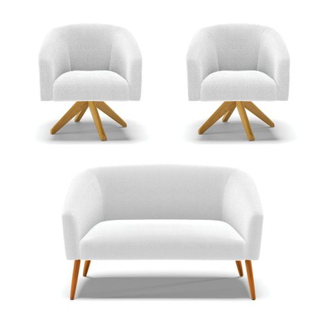 Kit 1 Sofá Namoradeira e 2 Poltronas Stella Bouclê Base de Madeira MA30 - D'Rossi Off White