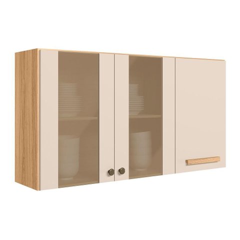 Armario de Cozinha Aéreo Intenza 120cm 3 Portas Freijó/off White Cristal - Nicioli
