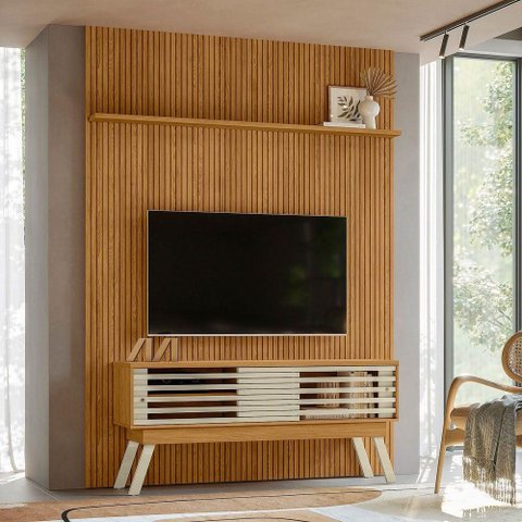 Kit Painel Piso-Teto Ripado Bancada Frizz 2 Portas MDF Cumaru e Opala
