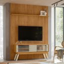Ver imagem 1 de Kit Painel Piso-Teto Ripado Bancada Frizz 2 Portas MDF Cumaru e Opala