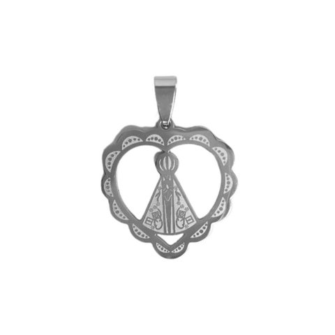 Pingente Aço Inox Prateado Coração Vazado N. Sra. Aparecida