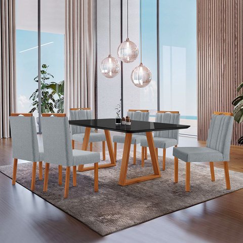 Conjunto Sala de Jantar Mesa Viena Madeira Maciça 160x90cm Tampo Retângular Vidro Preto com 6 Cadeir