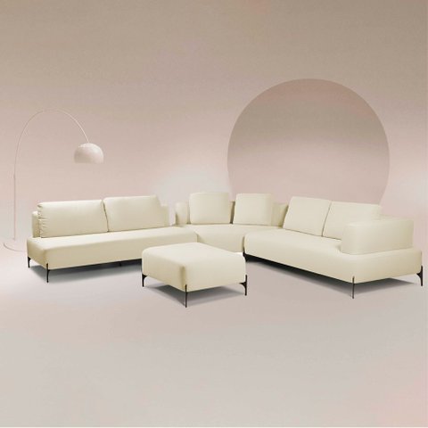 Sofá Modulado Sala de Estar 495cm Marino de Canto Pés de Ferro com Almofadas Linho Off White G92 - G