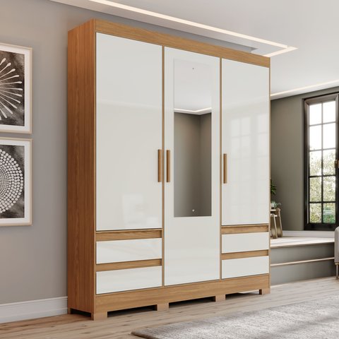 Guarda-Roupa 3 Portas 4 Gavetas com Kit Espelho B55 Off White/Nature